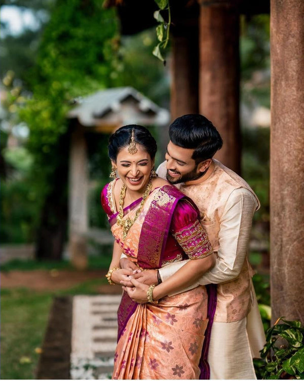 Felicitous Peach Soft Banarasi Silk Saree With Lovely Blouse Piece - Shop authentic Indian Women's Fashion by Silk Folks