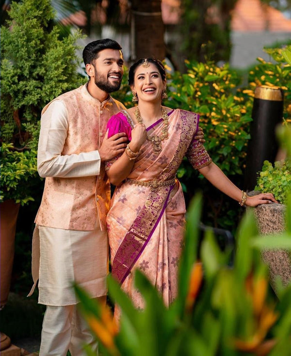 Felicitous Peach Soft Banarasi Silk Saree With Lovely Blouse Piece - Shop authentic Indian Women's Fashion by Silk Folks