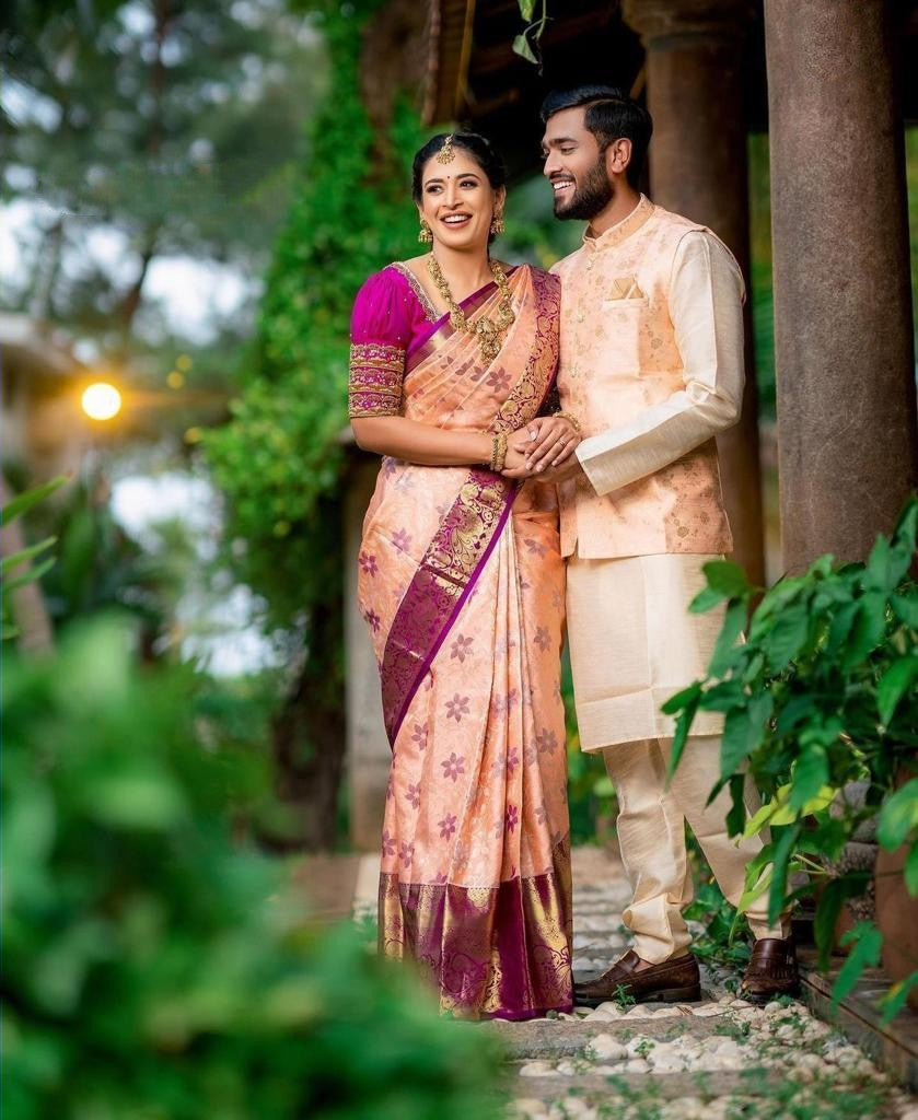 Felicitous Peach Soft Banarasi Silk Saree With Lovely Blouse Piece - Shop authentic Indian Women's Fashion by Silk Folks
