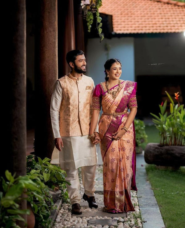 Felicitous Peach Soft Banarasi Silk Saree With Lovely Blouse Piece - Shop authentic Indian Women's Fashion by Silk Folks