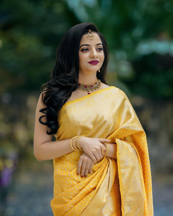 Glittering Yellow Soft Banarasi Silk Saree With Sensational Blouse Pie - Shop authentic Indian Women's Fashion by Silk Folks