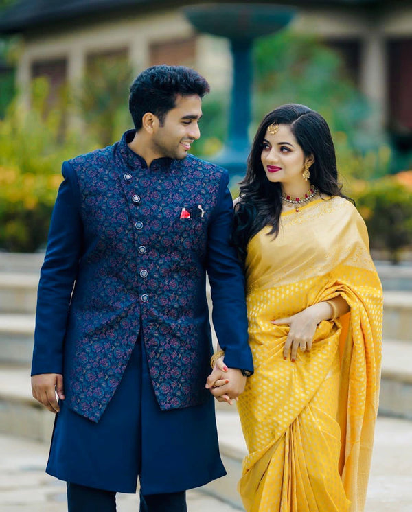 Glittering Yellow Soft Banarasi Silk Saree With Sensational Blouse Pie - Shop authentic Indian Women's Fashion by Silk Folks