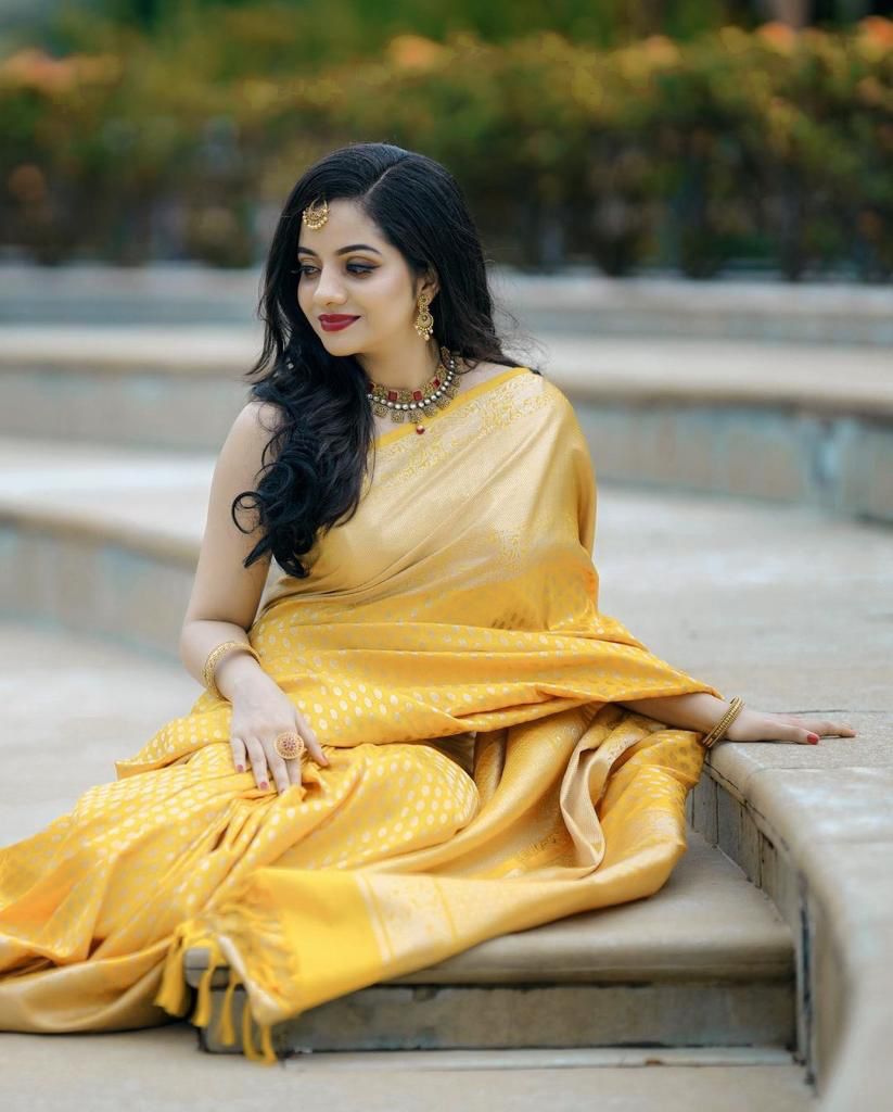 Glittering Yellow Soft Banarasi Silk Saree With Sensational Blouse Pie - Shop authentic Indian Women's Fashion by Silk Folks