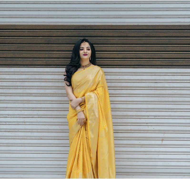 Glittering Yellow Soft Banarasi Silk Saree With Sensational Blouse Pie - Shop authentic Indian Women's Fashion by Silk Folks