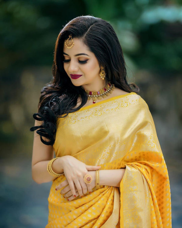 Glittering Yellow Soft Banarasi Silk Saree With Sensational Blouse Pie - Shop authentic Indian Women's Fashion by Silk Folks