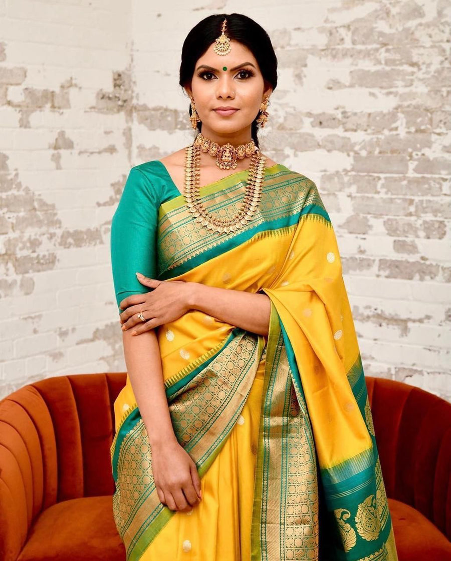 Glowing Yellow Soft Banarasi Silk Saree With Charming Blouse Piece - Shop authentic Indian Women's Fashion by Silk Folks