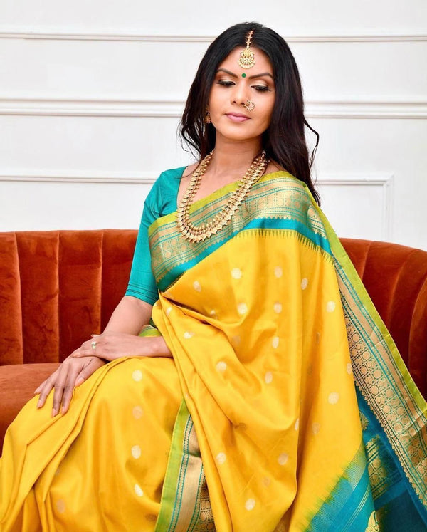 Glowing Yellow Soft Banarasi Silk Saree With Charming Blouse Piece - Shop authentic Indian Women's Fashion by Silk Folks