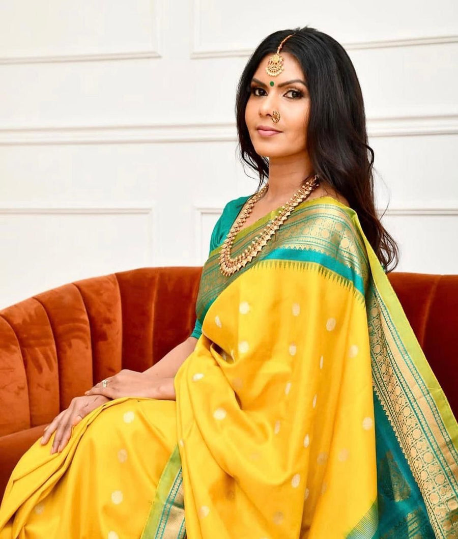Glowing Yellow Soft Banarasi Silk Saree With Charming Blouse Piece - Shop authentic Indian Women's Fashion by Silk Folks