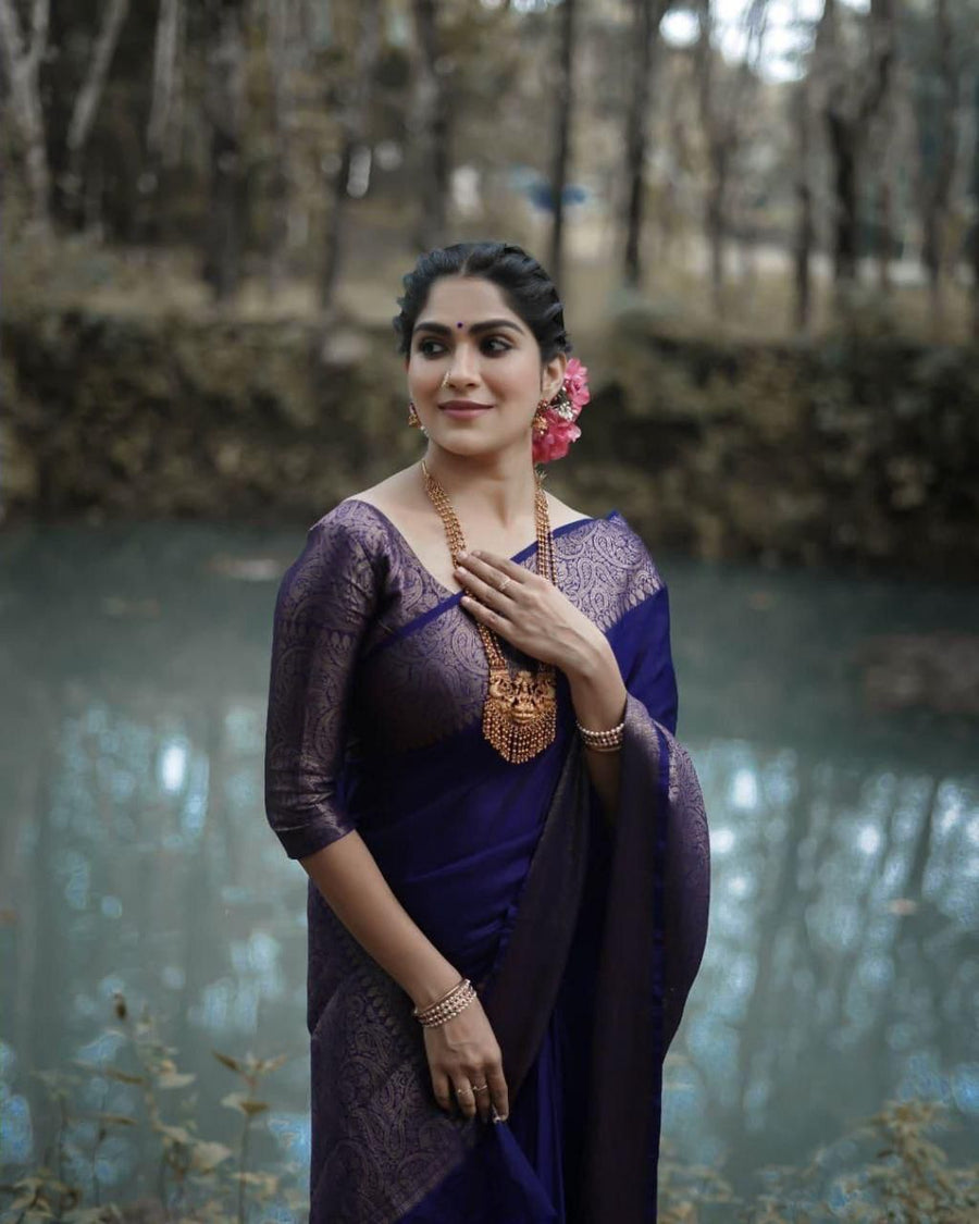 Imbrication Navy Blue Soft Silk Saree With Angelic Blouse Piece - Shop authentic Indian Women's Fashion by Silk Folks