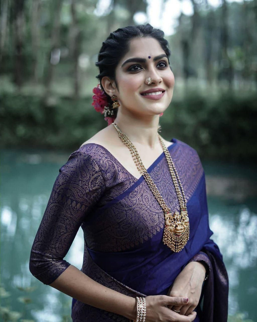 Imbrication Navy Blue Soft Silk Saree With Angelic Blouse Piece - Shop authentic Indian Women's Fashion by Silk Folks