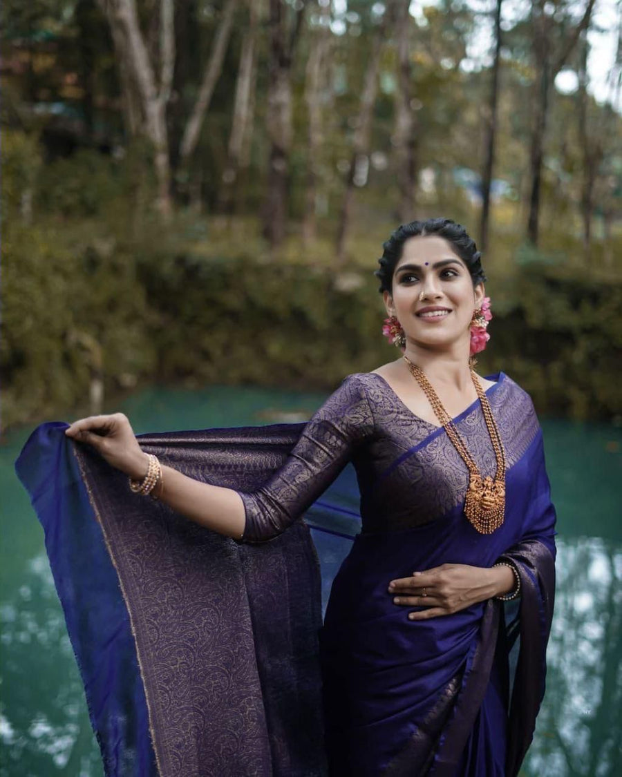 Imbrication Navy Blue Soft Silk Saree With Angelic Blouse Piece - Shop authentic Indian Women's Fashion by Silk Folks