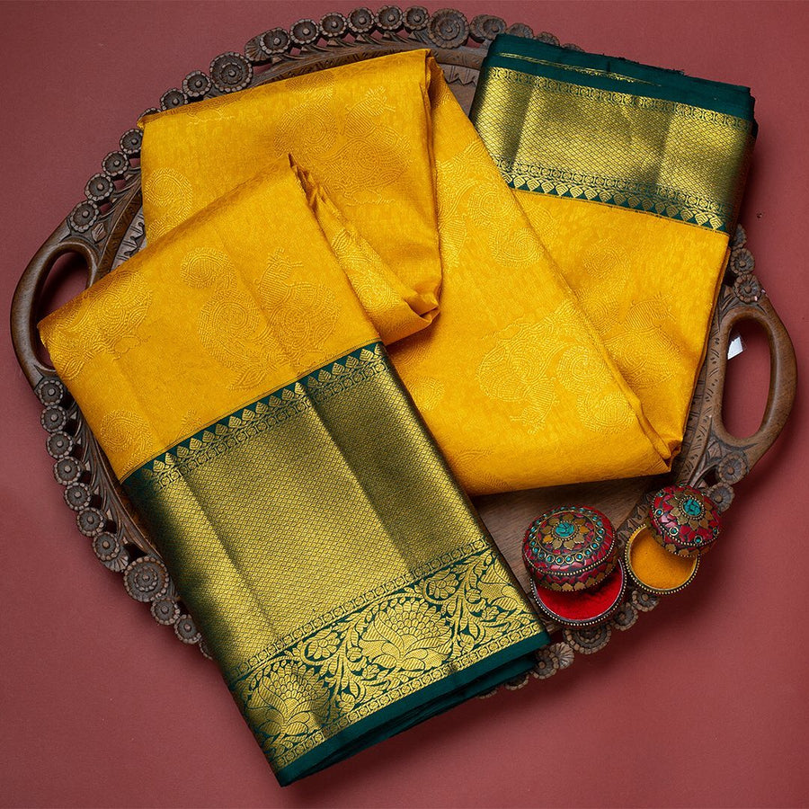 Incredible Yellow Soft Banarasi Silk Saree With Flattering Two Blouse  - Shop authentic Indian Women's Fashion by Silk Folks