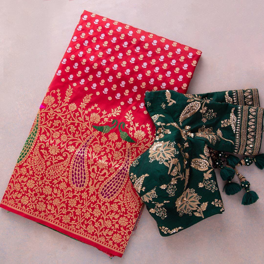 Jazzy Red Soft Banarasi Silk Saree With Demesne Two Blouse Piece - Shop authentic Indian Women's Fashion by Silk Folks