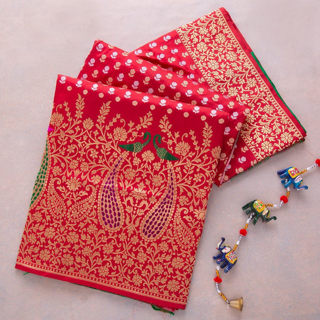 Jazzy Red Soft Banarasi Silk Saree With Demesne Two Blouse Piece - Shop authentic Indian Women's Fashion by Silk Folks
