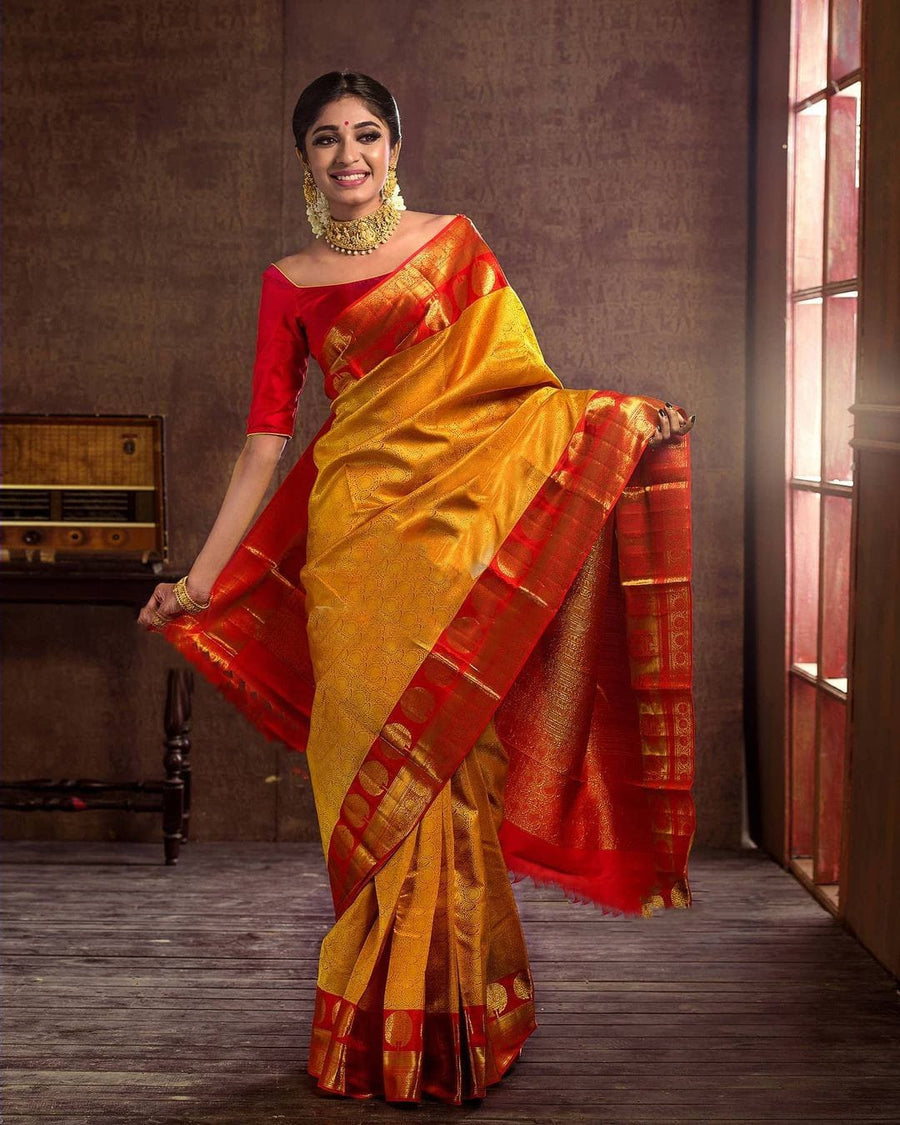 Lassitude Yellow Soft Banarasi Silk Saree With Flattering Blouse Piece - Shop authentic Indian Women's Fashion by Silk Folks