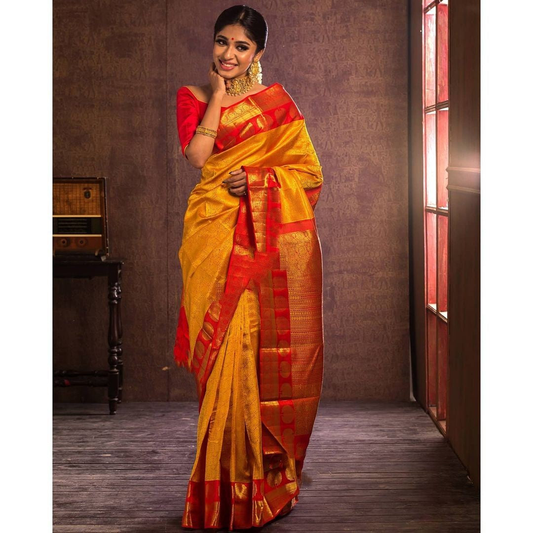 Lassitude Yellow Soft Banarasi Silk Saree With Flattering Blouse Piece - Shop authentic Indian Women's Fashion by Silk Folks