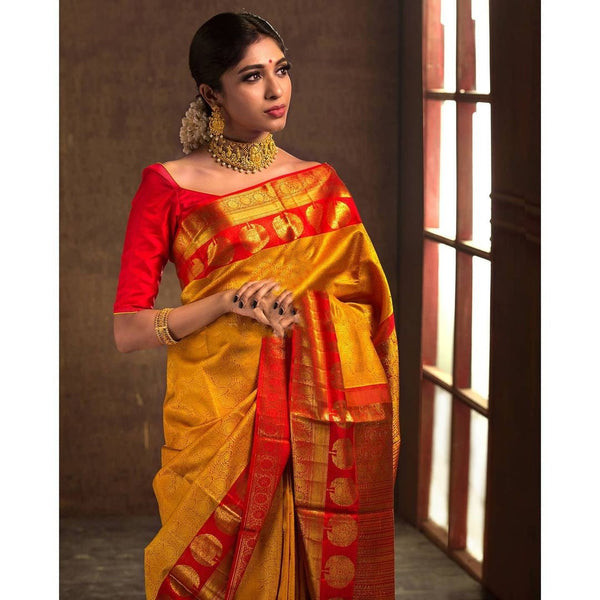 Lassitude Yellow Soft Banarasi Silk Saree With Flattering Blouse Piece - Shop authentic Indian Women's Fashion by Silk Folks