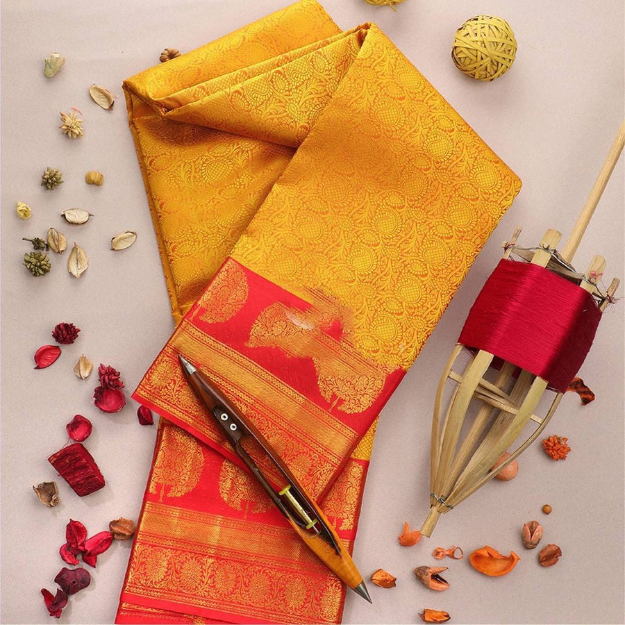 Lassitude Yellow Soft Banarasi Silk Saree With Flattering Blouse Piece - Shop authentic Indian Women's Fashion by Silk Folks
