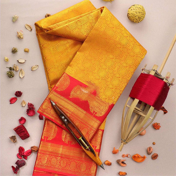 Lassitude Yellow Soft Banarasi Silk Saree With Flattering Blouse Piece - Shop authentic Indian Women's Fashion by Silk Folks