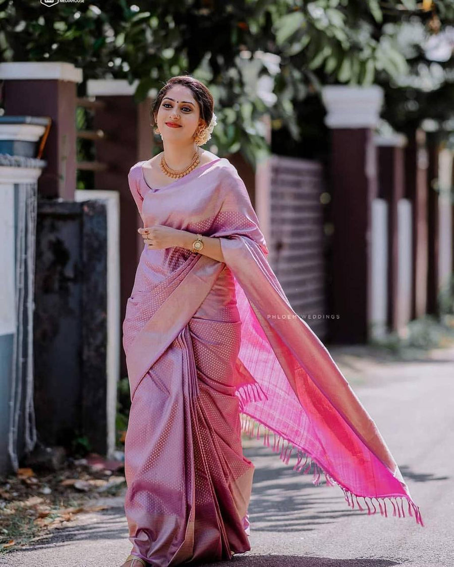 Mellifluous Pink Soft Silk Saree With Petrichor Blouse Piece - Shop authentic Indian Women's Fashion by Silk Folks