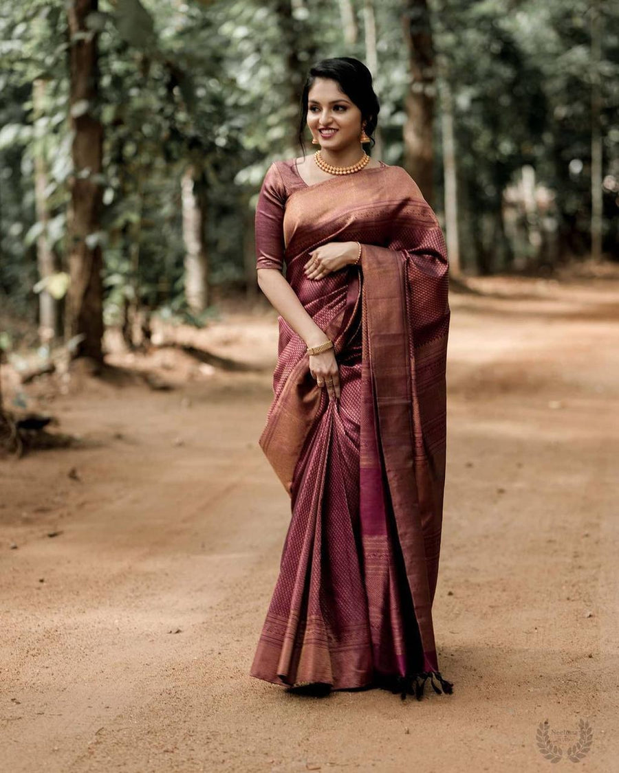 Mellifluous Maroon Soft Silk Saree With Demure Blouse Piece - Shop authentic Indian Women's Fashion by Silk Folks