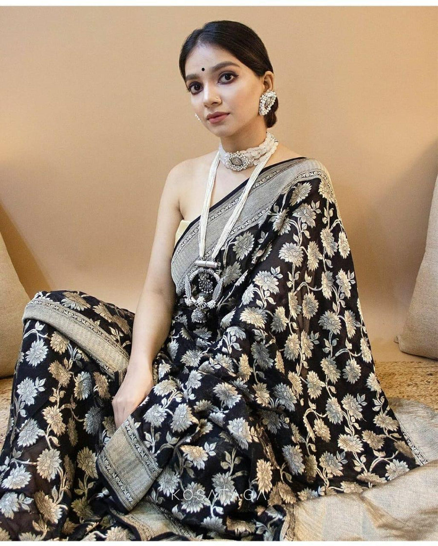 Murmurous Black Soft Banarasi Silk Saree With Opulent Blouse Piece - Shop authentic Indian Women's Fashion by Silk Folks