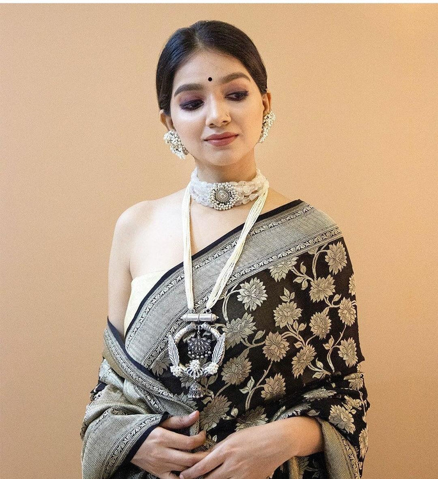 Murmurous Black Soft Banarasi Silk Saree With Opulent Blouse Piece - Shop authentic Indian Women's Fashion by Silk Folks