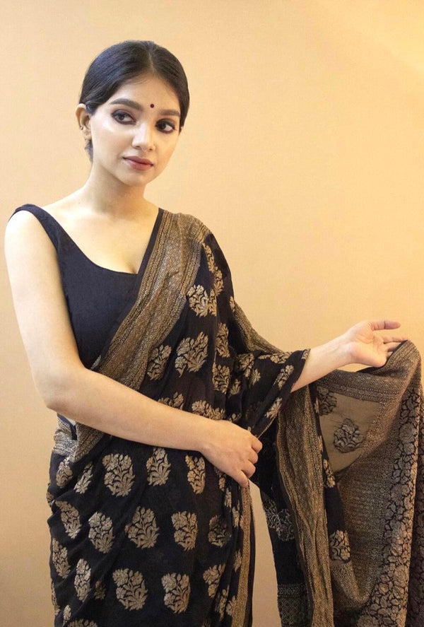 Opulent Black Soft Silk Saree With Snappy Blouse Piece - Shop authentic Indian Women's Fashion by Silk Folks