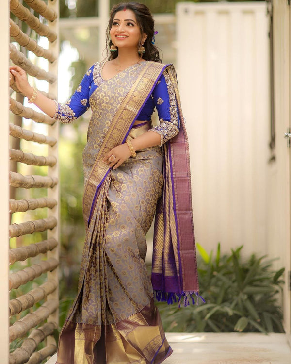Palimpsest Grey Soft Banarasi Silk Saree With Two Snazzy Blouse Piece - Shop authentic Indian Women's Fashion by Silk Folks