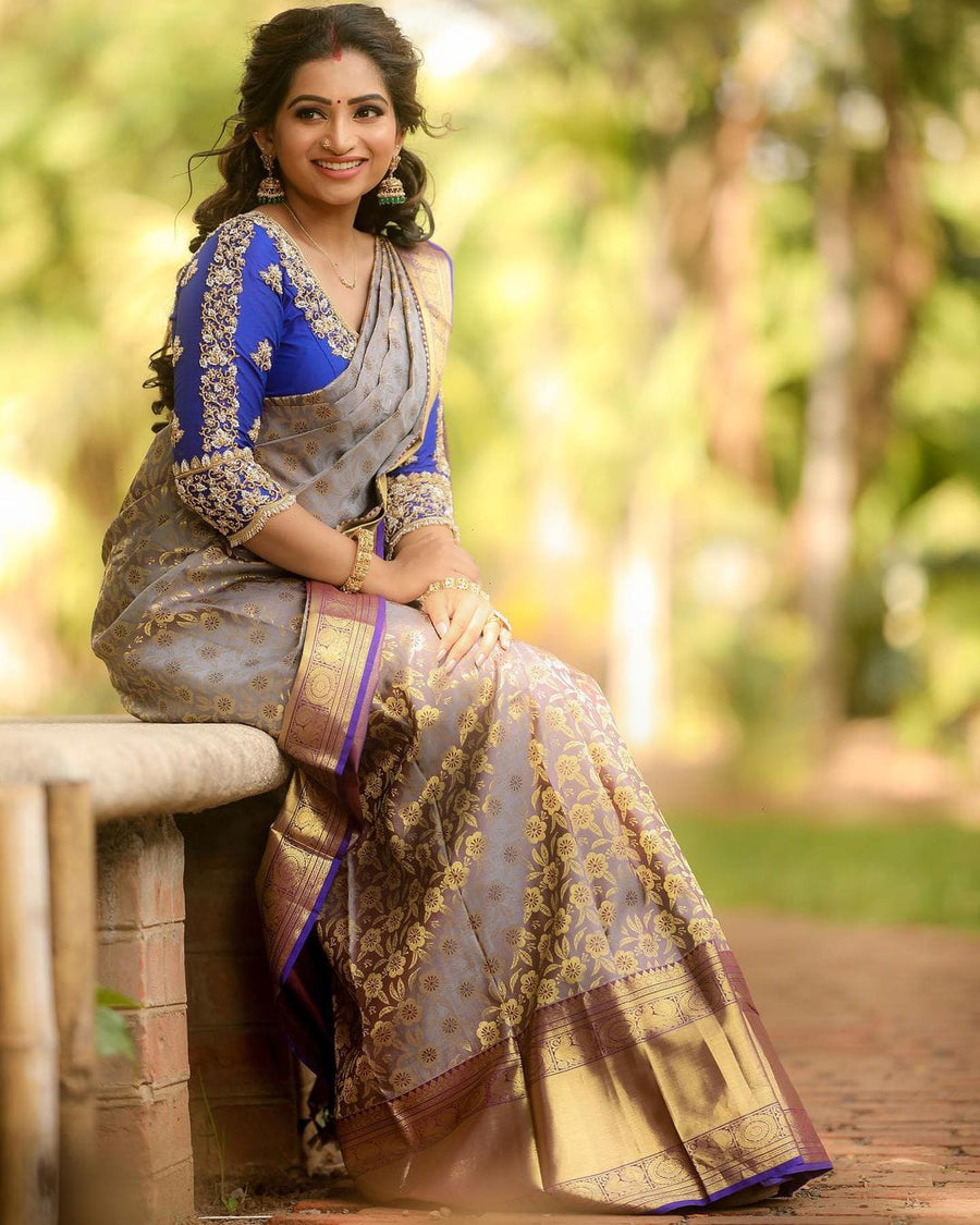 Palimpsest Grey Soft Banarasi Silk Saree With Two Snazzy Blouse Piece - Shop authentic Indian Women's Fashion by Silk Folks