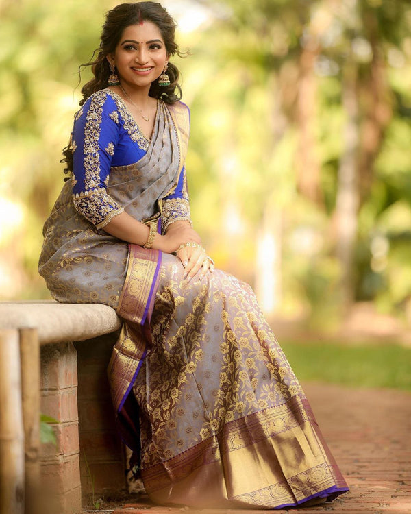 Palimpsest Grey Soft Banarasi Silk Saree With Two Snazzy Blouse Piece - Shop authentic Indian Women's Fashion by Silk Folks