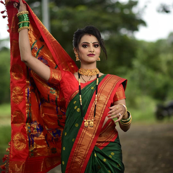 Prettiest Green Paithani Silk Saree With Ethnic Blouse Piece - Shop authentic Indian Women's Fashion by Silk Folks