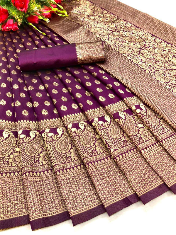 Scrumptious Purple Soft Banarasi Silk Saree With Bewitching Blouse Pie - Shop authentic Indian Women's Fashion by Silk Folks