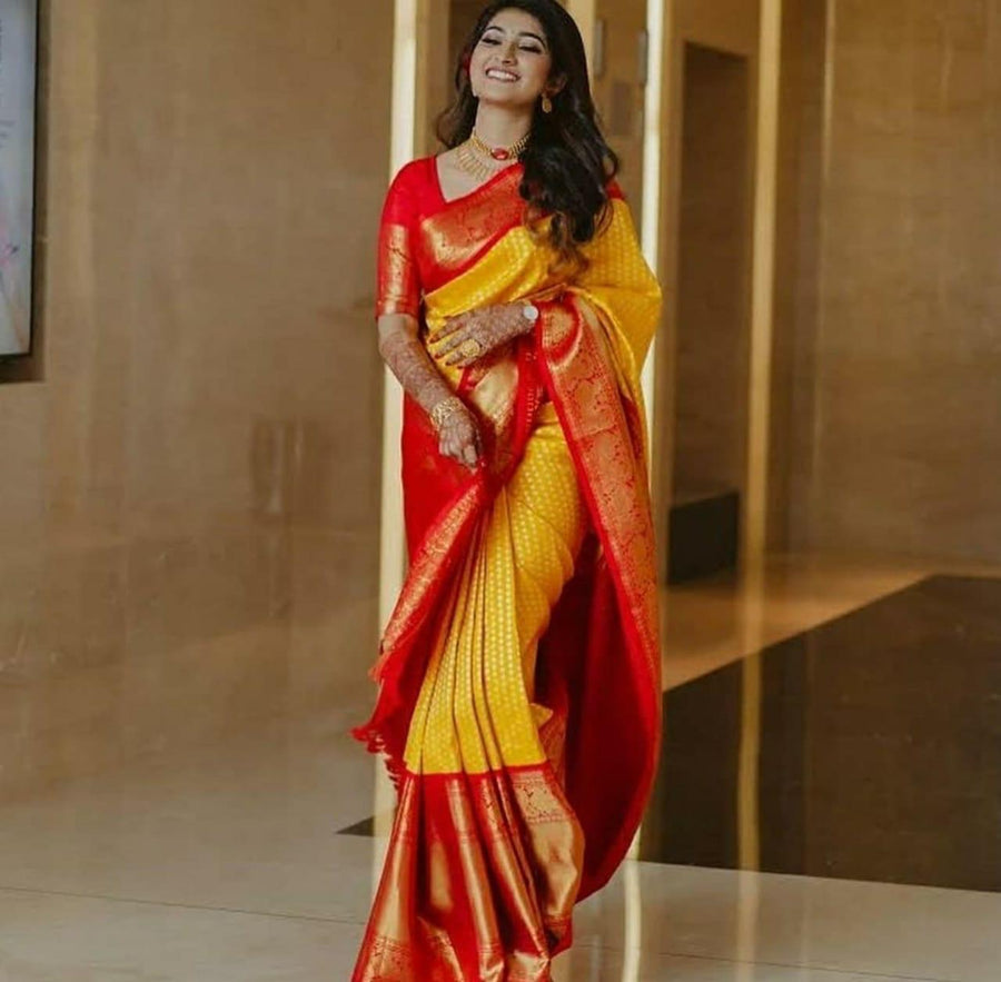 Serendipity Yellow Soft Banarasi Silk Saree With Exuberant Blouse Piec - Shop authentic Indian Women's Fashion by Silk Folks