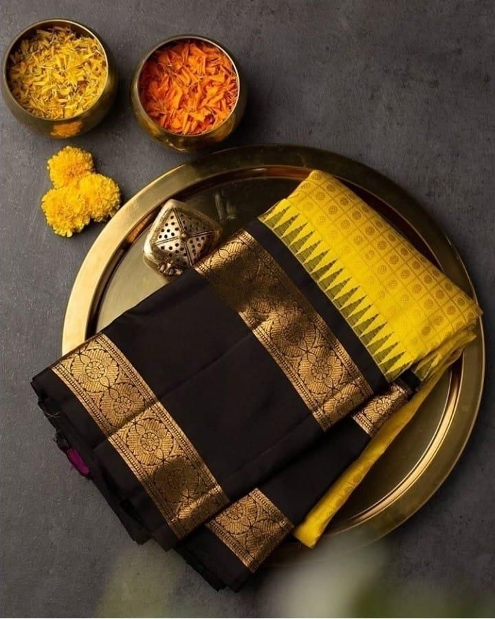 Sizzling Yellow Soft Banarasi Silk Saree With Magnetic Black Blouse Pi - Shop authentic Indian Women's Fashion by Silk Folks