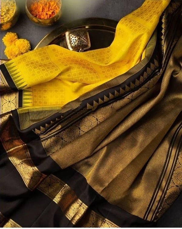 Sizzling Yellow Soft Banarasi Silk Saree With Magnetic Black Blouse Pi - Shop authentic Indian Women's Fashion by Silk Folks