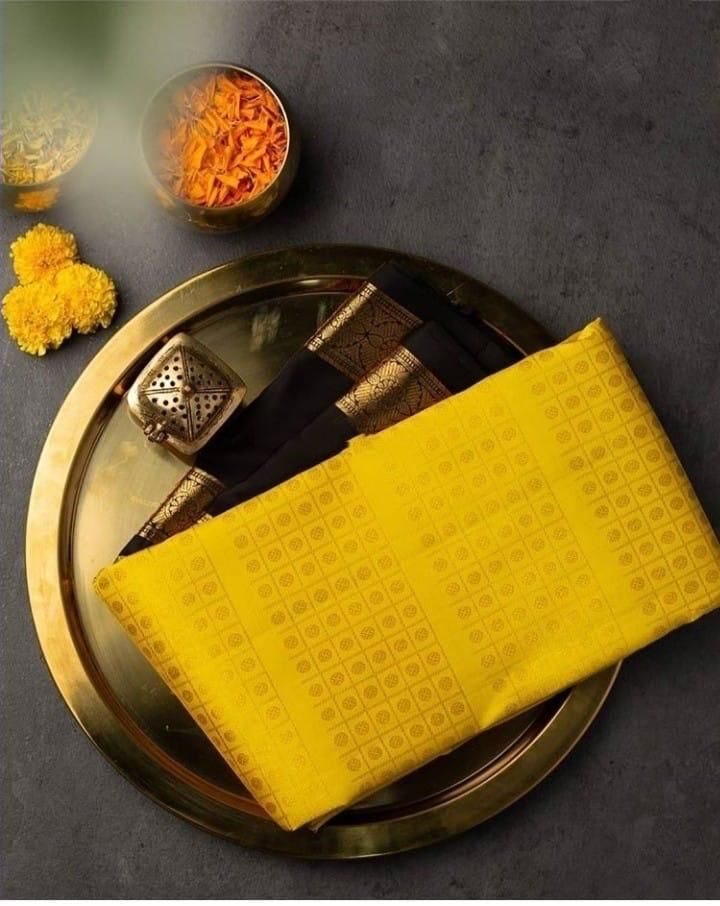 Sizzling Yellow Soft Banarasi Silk Saree With Magnetic Black Blouse Pi - Shop authentic Indian Women's Fashion by Silk Folks