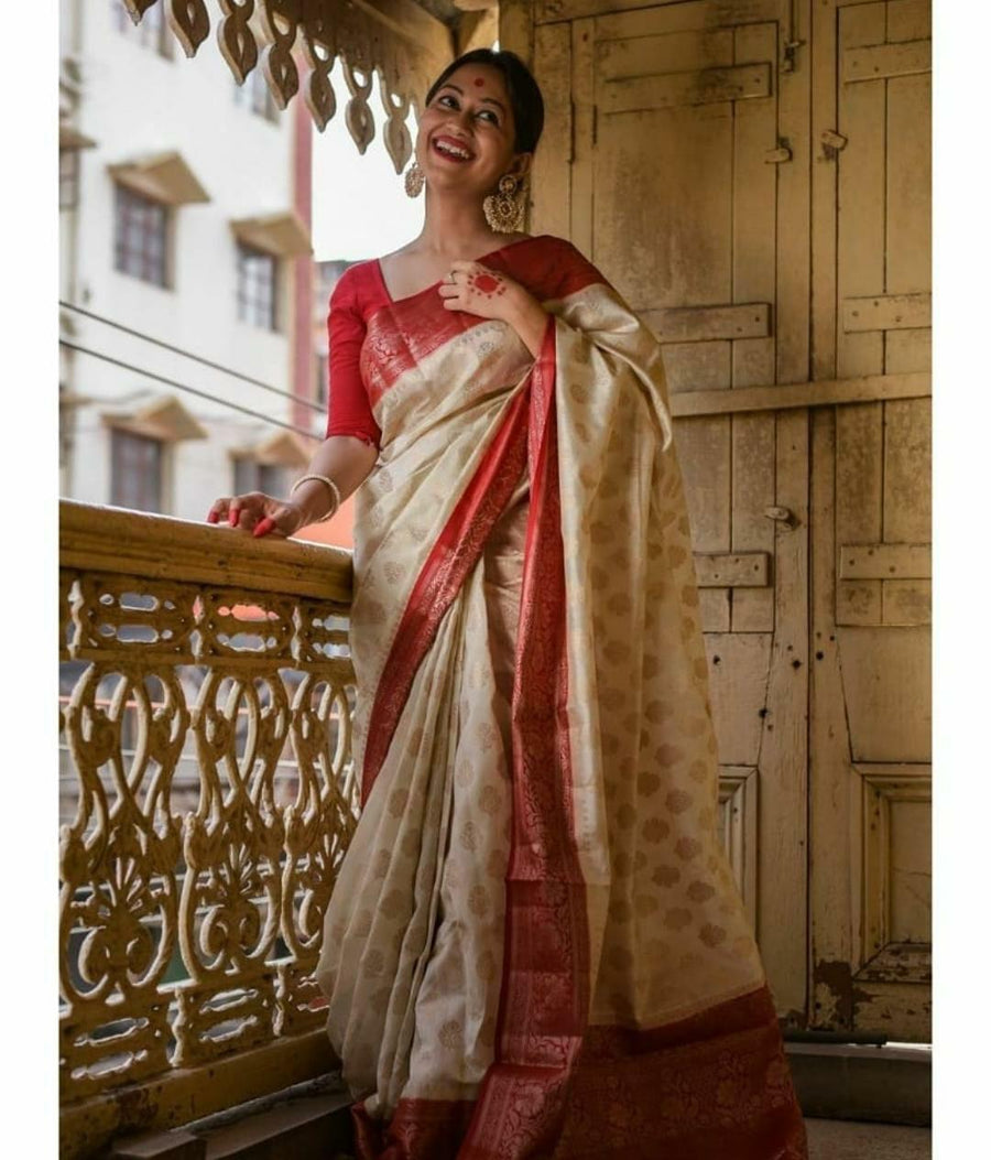 Splendorous Beige Soft Banarasi Silk Saree With Bucolic Blouse Piece - Shop authentic Indian Women's Fashion by Silk Folks