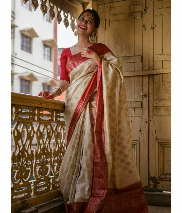 Splendorous Beige Soft Banarasi Silk Saree With Bucolic Blouse Piece - Shop authentic Indian Women's Fashion by Silk Folks