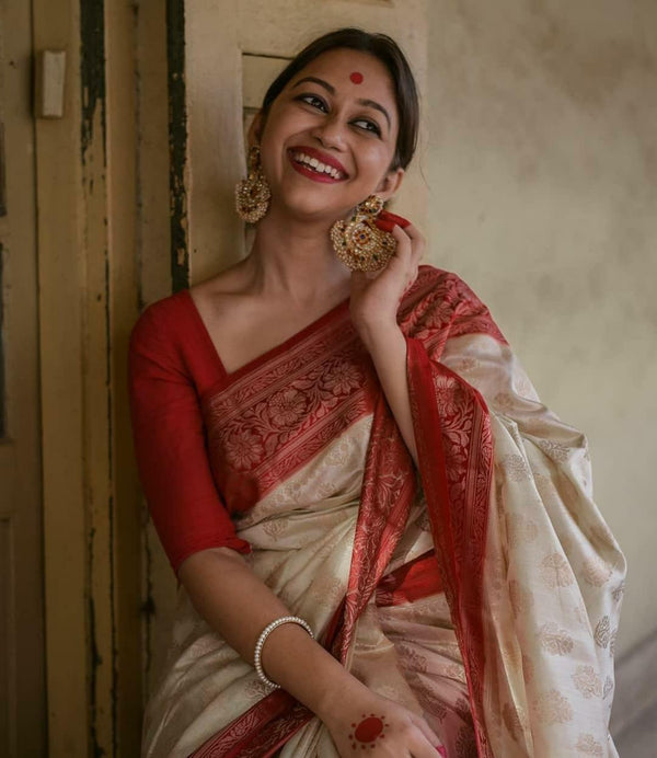 Splendorous Beige Soft Banarasi Silk Saree With Bucolic Blouse Piece - Shop authentic Indian Women's Fashion by Silk Folks