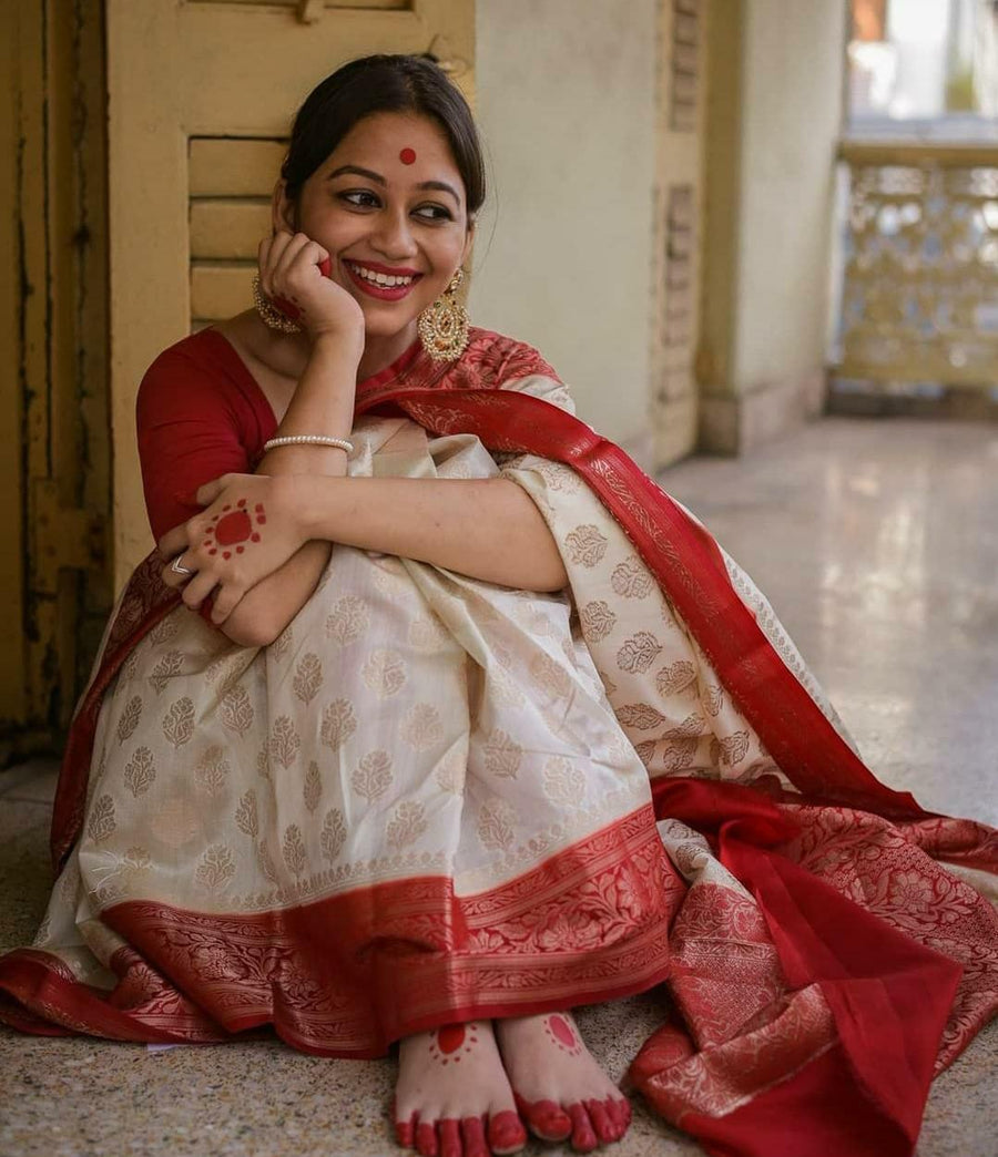 Splendorous Beige Soft Banarasi Silk Saree With Bucolic Blouse Piece - Shop authentic Indian Women's Fashion by Silk Folks