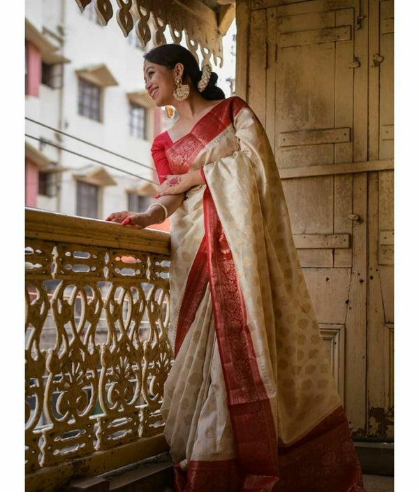 Splendorous Beige Soft Banarasi Silk Saree With Bucolic Blouse Piece - Shop authentic Indian Women's Fashion by Silk Folks