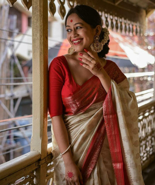 Splendorous Beige Soft Banarasi Silk Saree With Bucolic Blouse Piece - Shop authentic Indian Women's Fashion by Silk Folks