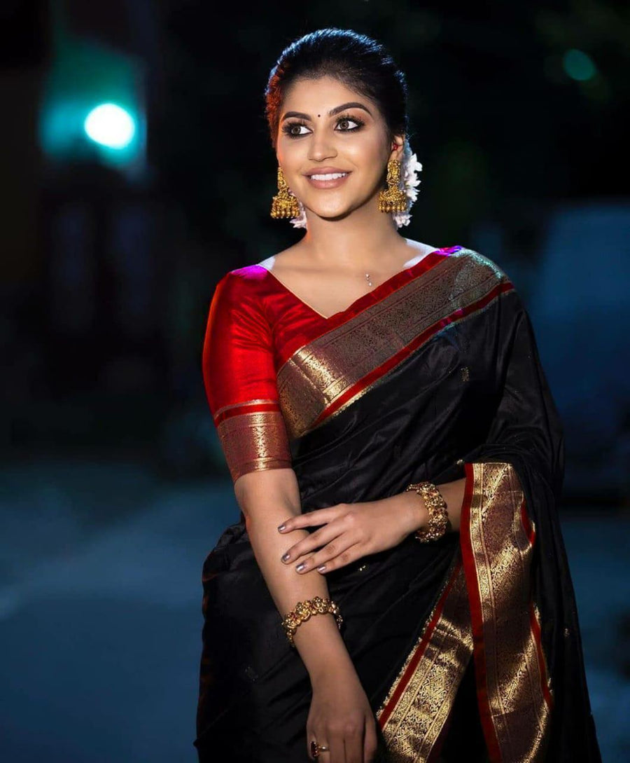 Surreptitious Black Soft Banarasi Silk Saree With Lovely Blouse Piece - Shop authentic Indian Women's Fashion by Silk Folks