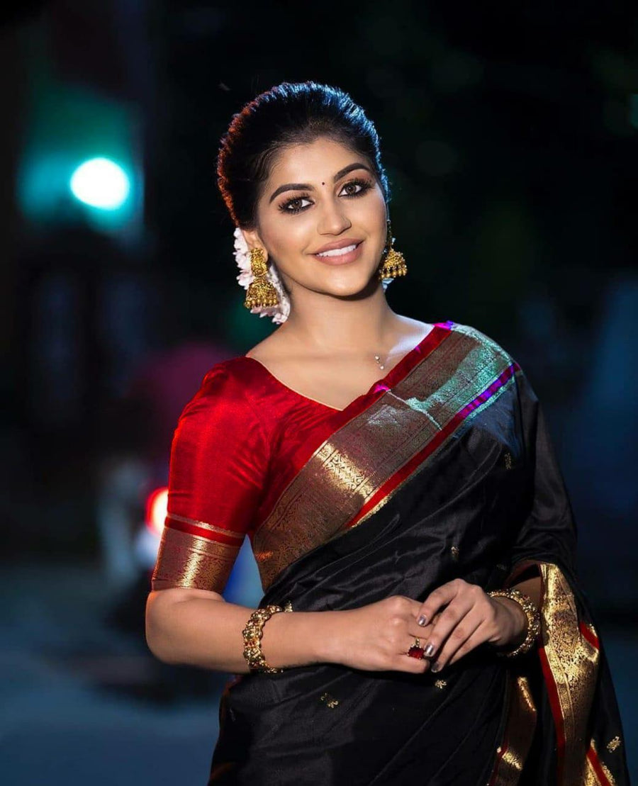 Surreptitious Black Soft Banarasi Silk Saree With Lovely Blouse Piece - Shop authentic Indian Women's Fashion by Silk Folks