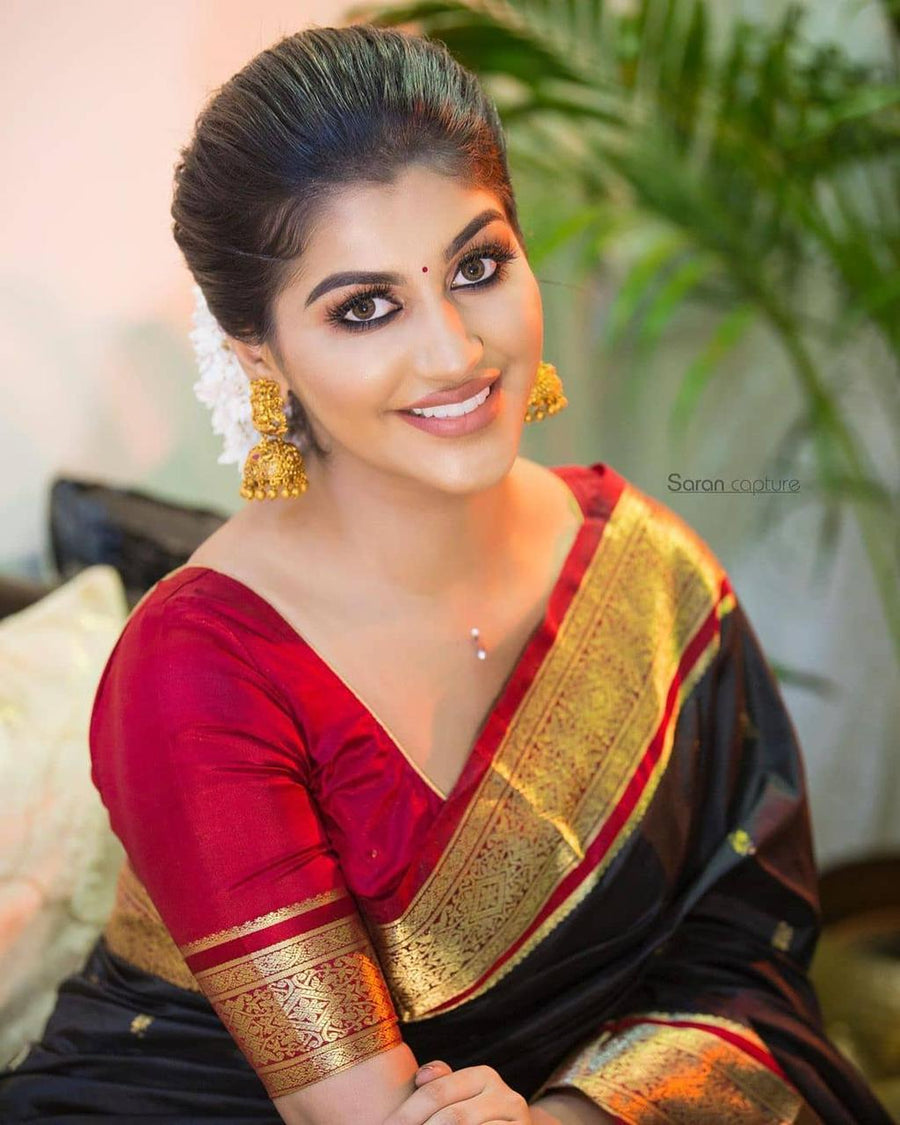 Surreptitious Black Soft Banarasi Silk Saree With Lovely Blouse Piece - Shop authentic Indian Women's Fashion by Silk Folks