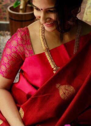 Susurrous Red Soft Banarasi Silk Saree With Dalliance Blouse Piece - Shop authentic Indian Women's Fashion by Silk Folks