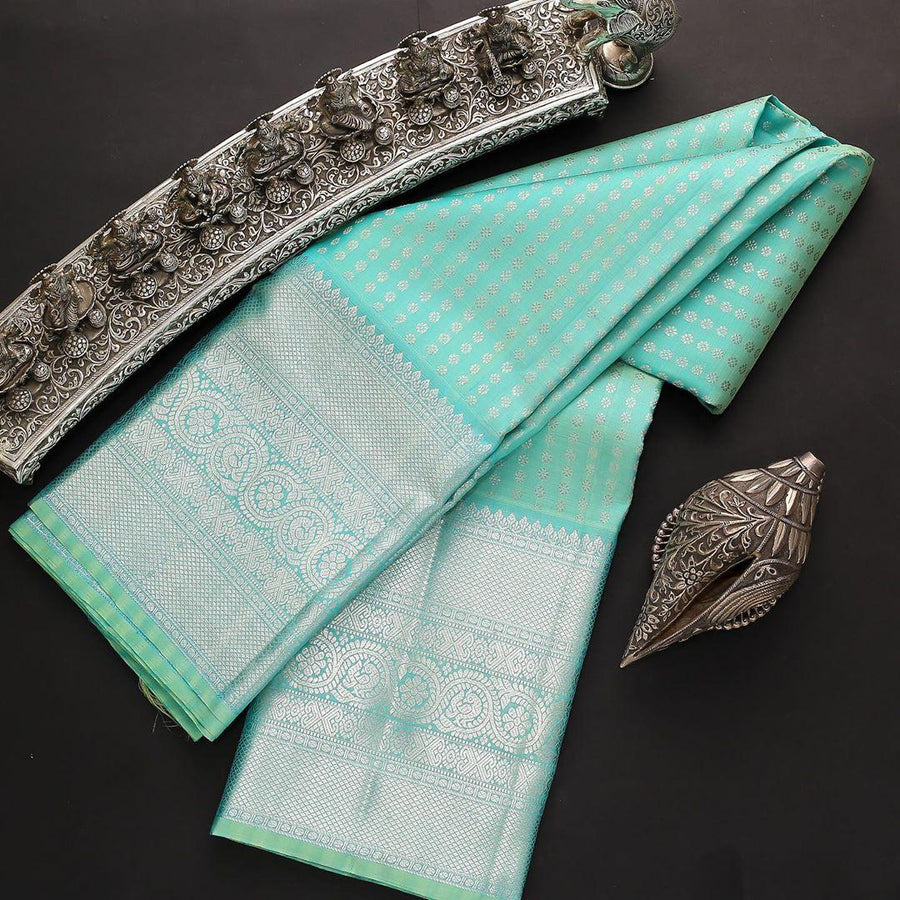 Tempting Firozi Soft Silk Saree With Dalliance Blouse Piece - Shop authentic Indian Women's Fashion by Silk Folks