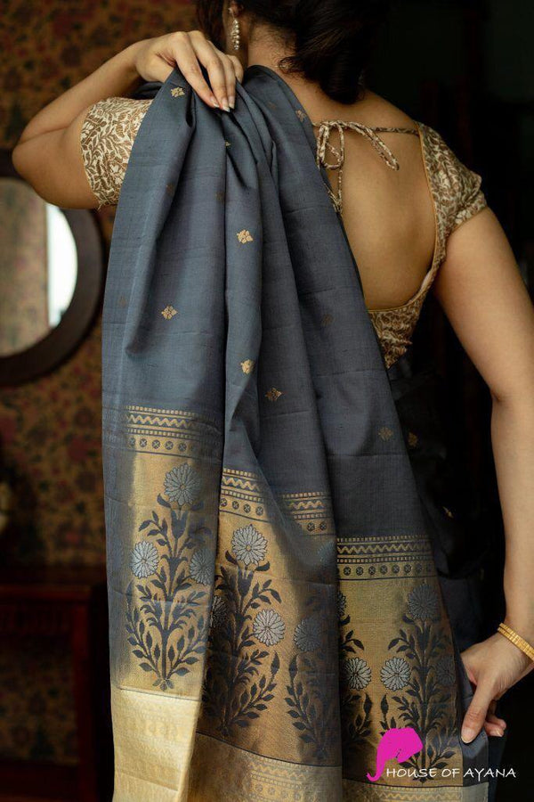 Tremendous Grey Soft Silk Saree With Elision Blouse Piece - Shop authentic Indian Women's Fashion by Silk Folks