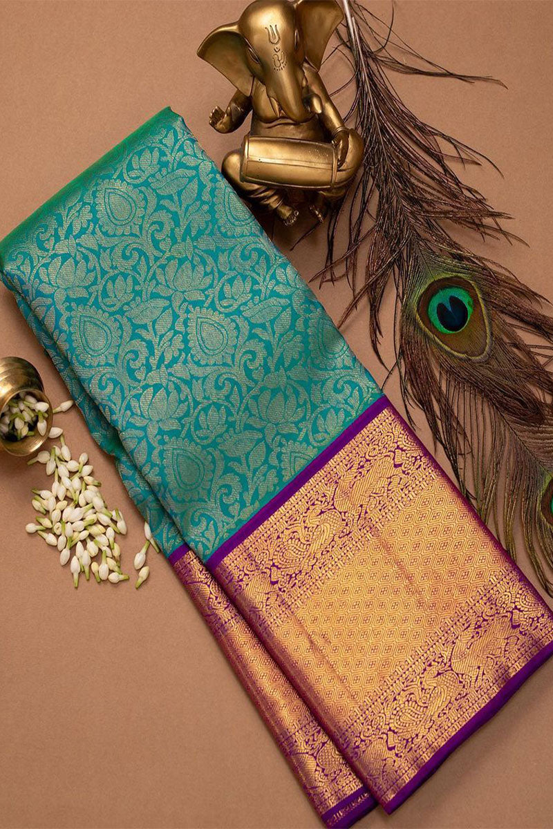 Tremendous Rama Soft Silk Saree With Elision Blouse Piece - Shop authentic Indian Women's Fashion by Silk Folks